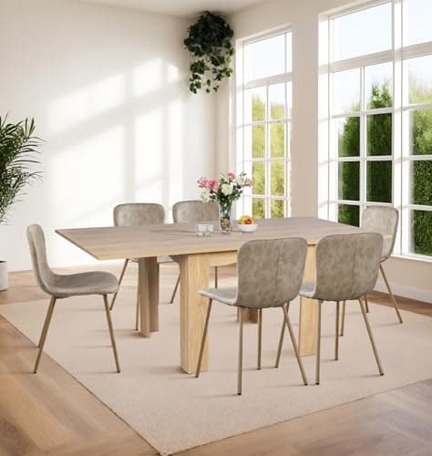 Image of Hallowood Furniture Newquay Oak Flip Top Dining Table and Chairs Set 6, Extending or Folding Table and Chairs in Taupe Faux Leather Upholstery and Wood Effect Metal Legs for Home and Café