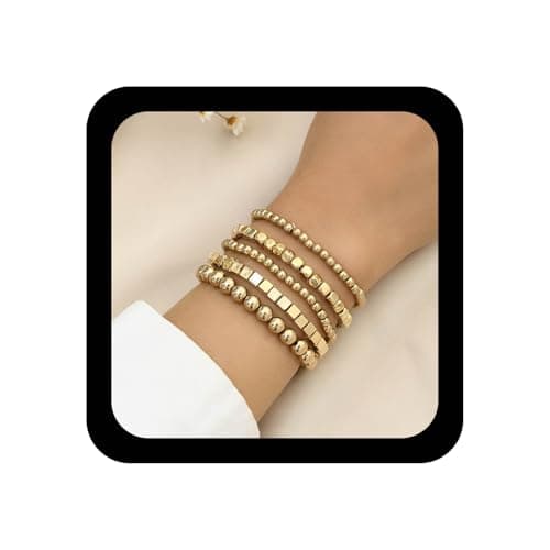 Image of Wendalern Gold Beaded Bracelet Set Stacking Cube Bead Chain Bracelets Stretchy Strings Round Beads Bracelets Bead Ball Link Chain Bracelet Handmade Elastic Hand Jewelry for Women