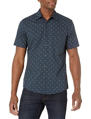 Image of Amazon Essentials Men's Slim-Fit Short-Sleeved Button-Down Printed Shirt, Navy White Anchor Print, XL