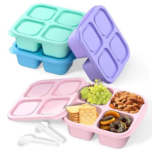 Image of MEEYUU 4 Pack Snack Containers, 4 Compartments Bento Snack Box, Reusable Meal Prep Lunch Containers for Kids Adults, Divided Food Storage Containers for School Work Travel (Green/Blue/Pink/Purple)