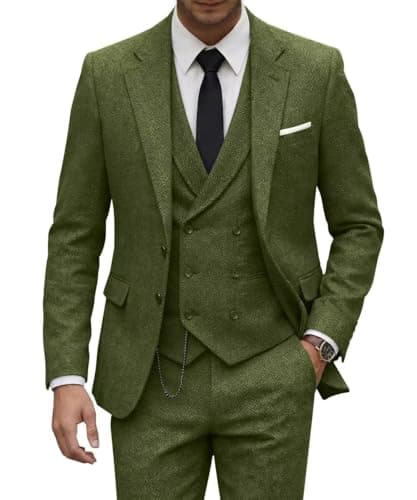 Image of Tweed Suit for Men Wool Suits Retro Mens 3 Piece Slim Fit Blazer Jacket Vest Pants Tie Tuxedo Set for Groomsmen Prom, Green, M