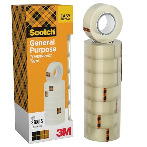 Image of Scotch Transparent Tape, 8 Rolls (19 mm x 33 m) - General Purpose Clear Tape for School, Home and Office (Packaging may differ)