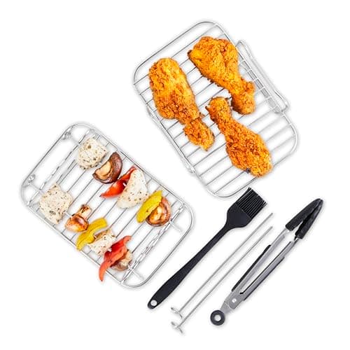 Image of Tower T843096 8pc Silicone Air Fryer Accessory Set with Tongs, 4X Skewers, Basting Brush, 2X Roasting Racks, Stainless Steel, Black
