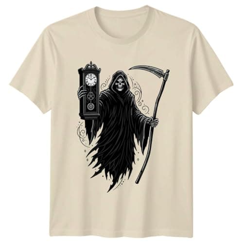 Image of Sassy Souls Grim Reaper Skeleton Holding Clock and Scythe T-Shirt Memento Mori Gothic Art Horror Niche Halloween Birthday for Him and Her S