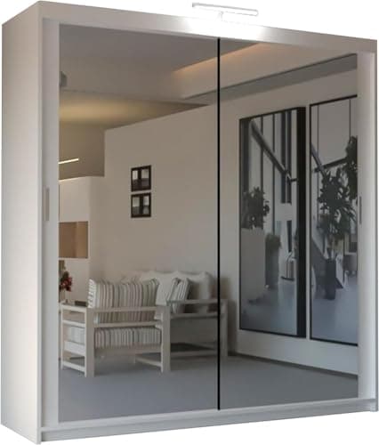 Image of SLIDING WARDROBE 4U Mirror Sliding 2 or 3 Door Wardrobe with LED Light 90cm/120cm/150cm/180cm/203cm/250cm White-Black-Grey-Walnut-Wenge-Oak (White, 203cm)
