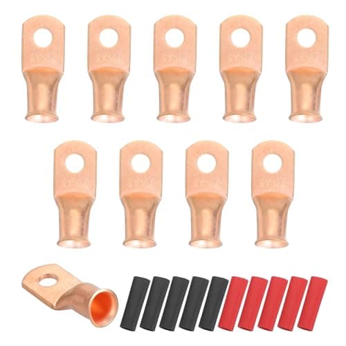 Image of sourcing map 10pcs 2 AWG M6 Battery Lugs Ring Terminals, 1/4" 6mm Stud Crimp Wire Terminal Connector End Copper, 2:1 Heat Shrink Tubing, Gold