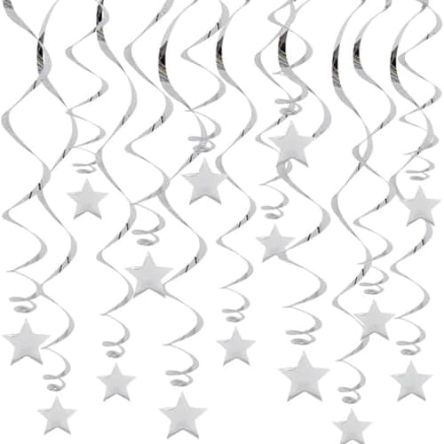 Image of 24 Pcs Silver Hanging Star Paper Garland, Reflective Glitter Star Streamers, Swirls Star shaped Decorations Tassel, Ceiling Party Decorations for Graduation Wedding Baby Shower Christmas Supplies