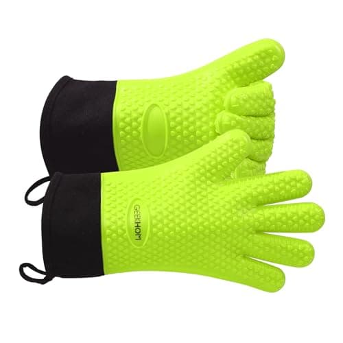 Image of GEEKHOM Silicone Oven Gloves Heat Resistant Silicone Oven Mitts BBQ Gloves Waterproof Kitchen Gloves for Barbecue Grilling Weber Microwave, Non-Slip Oven Gloves with Fingers, Green