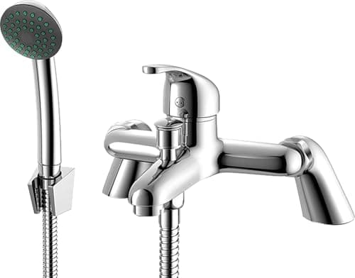 Image of Bath Shower Mixer Tap with Pillar Legs & Diverter | Chrome Bath Filler Tap with Shower Attachment | Includes 1.5m Hose & Handset | Fits 2 Tap Hole Baths | Solid Brass | UK Standard | Xcel Home