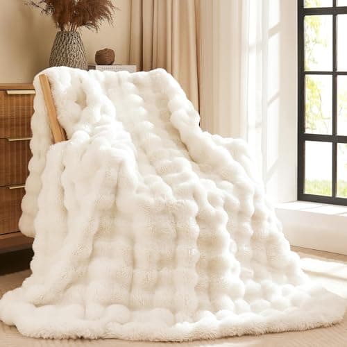 Image of L'AGRATY Faux Rabbit Fur Blanket: 130x160cm Luxury Soft Fluffy Thick Fur Throw Blanket for Couch Bed Sofa - Cozy Plush Bubble Blankets with Warm Flannel Fleece(Single,Cream White)