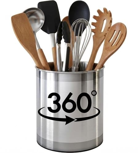 Image of Cooler Kitchen Extra Large Rotating Stainless Steel Utensil Holder Caddy with Sturdy No-Tip Weighted Base, Removable Divider, and Gripped Insert Dishwasher Safe