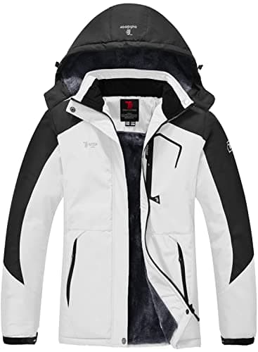 Image of donhobo Womens Waterproof Jacket Winter Warm Fleece with Hood Windproof Camping Hiking Coat(White Black,L)