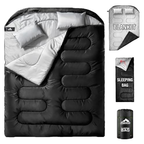 Image of MEREZA Double Sleeping Bag for Adults Mens with Pillow, XL Queen Size Two Person Sleeping Bag for All Season Camping Hiking Backpacking 2 Person Sleeping Bags for Cold Weather & Warm