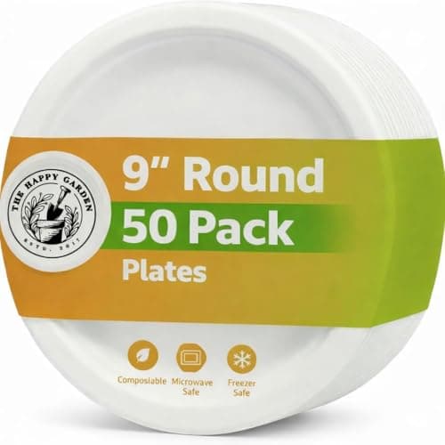Image of The Happy Garden Bagasse Plates, 9 Inch Round (Pack of 50) - Heavy Duty Disposable Plate, Eco Friendly Sugarcane Dishes, Compostable Party Plates, Microwave & Freezer Safe