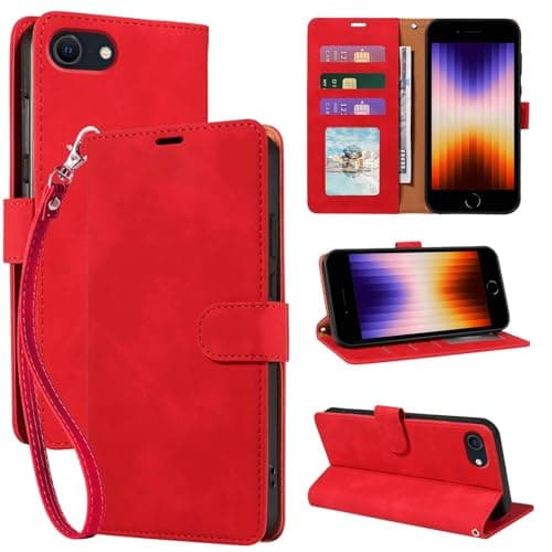 Image of GOTOURED Wallet Case for iPhone 6/6S/7/8/SE 2020/SE 2022 (4.7"), RFID Blocking PU Leather Flip Cover with 3 Card Slots, Detachable Wrist Strap & Kickstand, Shockproof Folio Case (Red)