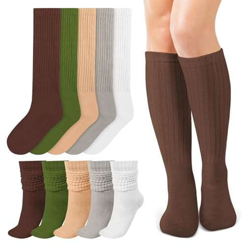 Image of Queenshin 5 Pairs Slouch Socks for Women, Long Knee High, Chunky Knit Boot Socks, Slouchy Scrunch Athletic Scrunchie, Sizes 5-9 Green