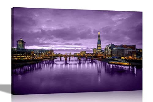 Image of London at Night with Purple Sky Canvas Wall Art Prints and Pictures for Living Room Stretched Framed Home Office Decoration Cityscape Artwork 86 x 61cm (34 x 24 inches) A1
