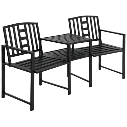 Image of Outsunny Patio Tete-a-tete Chair 2 Seat Bench Middle Coffee Table w/Umbrella Hole for Outdoors Decorative Slatted Design Steel Frame Black