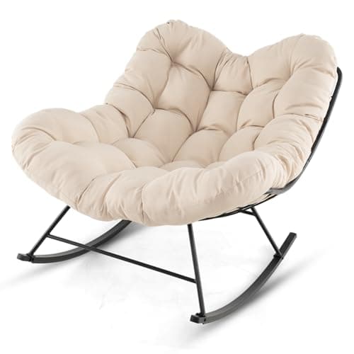 Image of COSTWAY Outdoor Rocking Chair, Oversized Patio Wicker Egg Chair with Thick and Removable Cushion, Rattan Comfy Rocking Lounge Chairs for Living Room, Balcony, Yard & Porch (Beige, 110 x 95 x 94 cm)