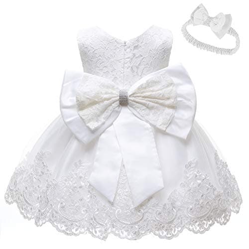 Image of LZH Baby Girls Flower Wedding Dress Toddler Birthday Party Pageant Baptism Christening Tutu Gown Bowknot Dress, White
