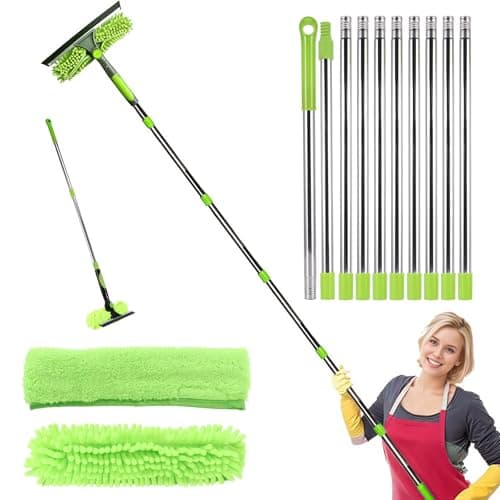 Image of 4.25M Window Cleaning Kit with Long Handle, 2-in-1 Extendable Window Cleaning Equipment with Squeegee and Microfiber Cloth for High Windows, Walls & Cars(Green)