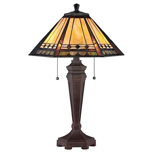 Image of Loops 2 Bulb Table Lamp - Tiffany Style Coloured Glass - Metal Base - Bronze Patina - LED E27 60W Bulb