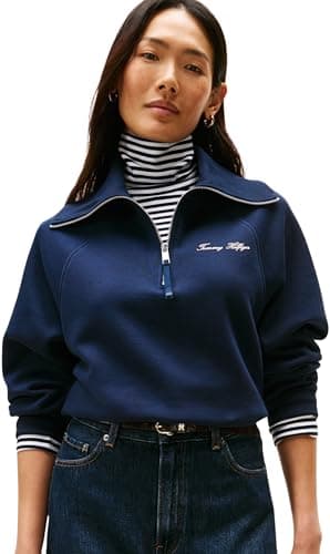 Image of Tommy Hilfiger Women's Classic Script Fleece Half Zip Sweatshirt, Blue (Dark Night Navy), M