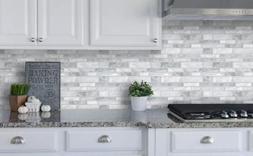 Image of Yoillione 10 Sheets Peel and Stick Wall Tiles for Kitchen, Waterproof Backsplash 3D Vinyl Self Adhesive with Marble Brick Effect, Grey for Bathroom, 12"x12"