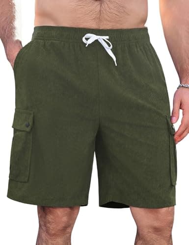 Image of iCKER Mens Shorts Summer Casual Shorts with Pockets Elastic Waist Drawstring Sports Jogging Shorts Corduroy Shorts,Green DXR003,M