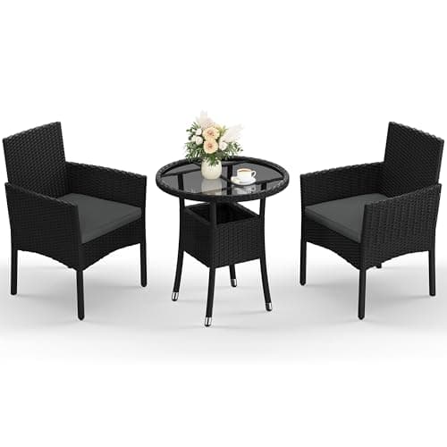 Image of Yaheetech 3-Pieces Garden Conversation Set, Woven PE Rattan Chairs with Cushion & 1 Tempered-Glass Side Table for Bistro, Porch, Garden, Courtyard, Deck, Black & Grey