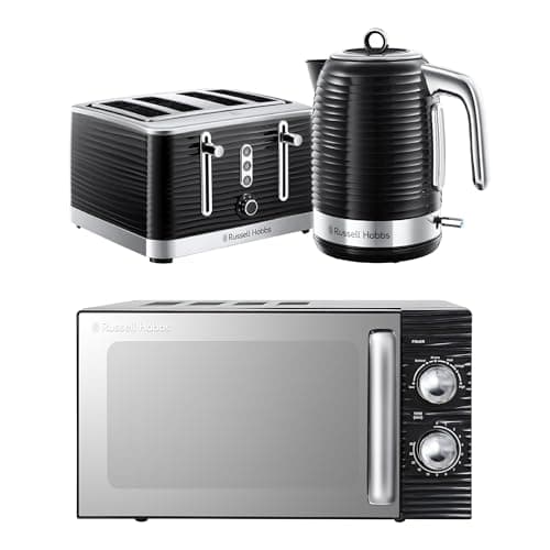Image of Russell Hobbs Inspire Black Kitchen Set, 1.7L 2400W Kettle, 4 Slice Toaster with Variable Browning Levels & 17L 700W Microwave with 5 Power Levels, Defrost & Reheat Functions INSPBNDL4B