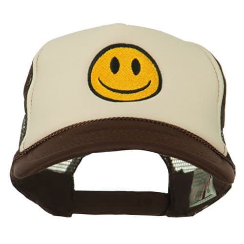 Image of Smiley Face Embroidered Foam Mesh Back Cap - Brown Tan - Brown -