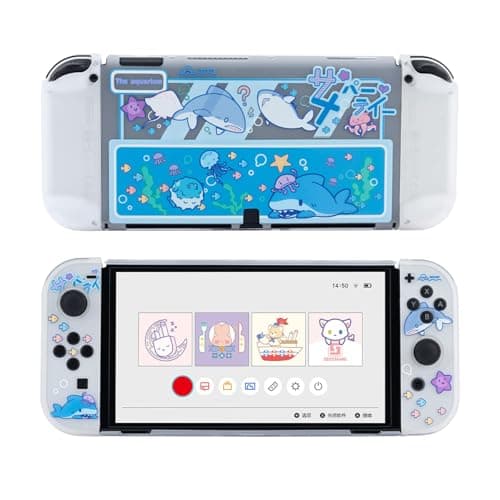 Image of GeekShare Protective Case Slim Cover Case Compatible with Nintendo Switch OLED Console and Joy Con, Shock-Absorption and Anti-Scratch Cover Skin for Switch OLED 2021- Shark Party (Clear)