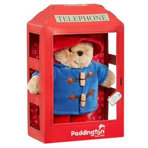 Image of Rainbow Designs Paddington Bear Soft Toy in British Phone Box - Plush Teddy with Red Hat, Blue Duffle Coat & Wellington Boots - Collectable Stuffed Animal in Iconic Packaging