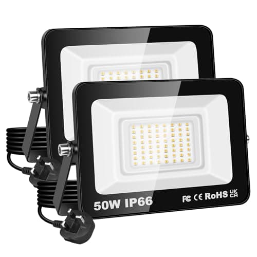 Image of PICAA 50W LED Flood Light, IP66 Waterproof Super Bright 5000LM Security Light, 3000K Warm White Outdoor Wall Light for Garden Yard Garage Patio Warehouse with UK Plug (2PCS)