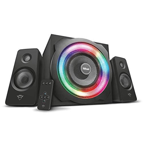 Image of Trust Gaming GXT 629 Tytan RGB 2.1 PC Gaming Speaker System, Sound System with with Subwoofer, UK Plug, LED Illuminated RGB, 120 W Peak Power, Stereo Sound System - Black