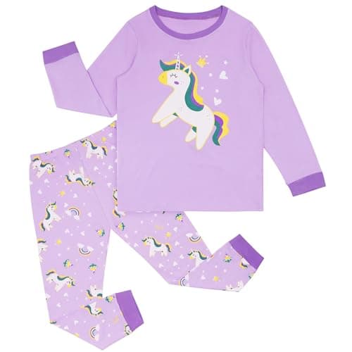 Image of Hoseay Kids Pyjamas Set Girls Cotton Horse Long Sleeve Tops and Bottoms Sets Soft Pjs Suit 2 Pieces Nightwear Children Casual Sleepwear Girl Loungewear Outfit for Kid 3-4 Years, Purple