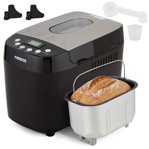 Image of Arebos Bread Maker 1500 g, with 15 Programmes, 2 Dough Hooks, Timer, LCD Display, 3 Browning Levels and Bread Sizes, 850 W, Black