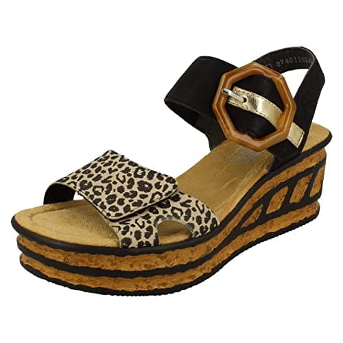 Image of Rieker Ladies Buckle Detailed Wedge Sandal 68176-00 - Black Combination Synthetic - UK Size 5 - EU Size 38 - US Size 7