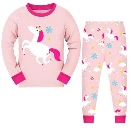 Image of JinBei Girls Pyjamas Set Long Sleeve Sleepwear Cotton Pjs Casual Nightwear Tops and Bottoms Outfits Pink Horse Pajama 2 Piece Lounge Wear Spring Autumn Winter Kids Clothes Age 4-5 Years
