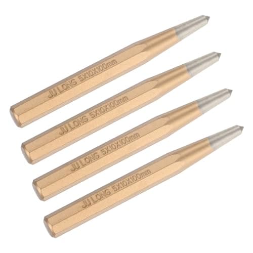 Image of M METERXITY 4-Pack Center Punch 5mm Shank Point, 10x100mm Alloy Steel Center Punch Tool, Impact Resistant Metal Punch Center for Mark/Drilling/Punching/Scribing/Locator/Starting Nail [Golden]