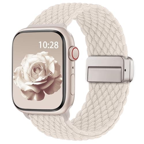 Image of Braided Magnetic Band for Apple Watch Straps 38mm 40mm 41mm 42mm 44mm 45mm 46mm 49mm,Adjustable Stretchy Nylon Solo Loop for iWatch 11 10 9 8 7 6 5 4 3 SE3 Ultra3, Elastic Women Men Strap,Starlight
