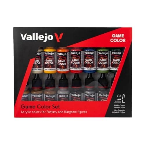 Image of Vallejo Game Color Acrylic Paint Set, 16 Matte and Metallic Colors, 18 ml Dropper Bottles, Starter Kit for Fantasy and Wargaming Miniatures