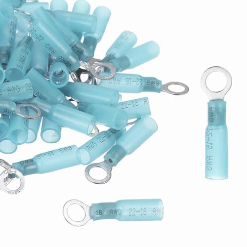 Image of sourcing map 100pcs Heat Shrink Ring Connectors #10" Tinned Copper Insulated Ring Crimp Terminals 16-14 Gauge for Electrical Industrial Chemical Project, Blue