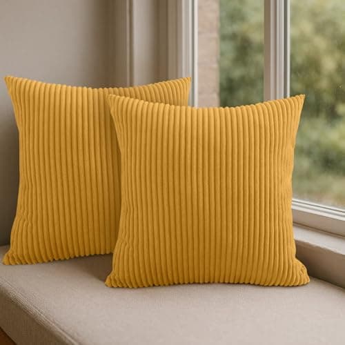 Image of Hafaa Cushion Covers 45 x 45 cm Pack of 2 Ochre Cushions Decorative Stripe Throw Pillow Cases Soft & Fluffy with Invisible Zipper for Living Room Bed and Couch (18x18 Inch)