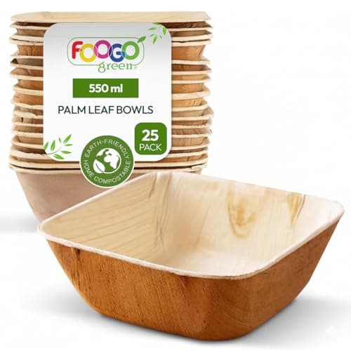 Image of FOOGO Green 25pcs Disposable Palm Leaf Bowls, 5" (13cm) 19.4oz (550ml), for Soup, Desserts & Salad, Deep Square, Sturdy Eco Friendly Biodegradable, Bamboo, Wooden and Paper Bowls for Hot Food