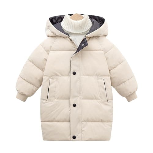 Image of JiAmy Kids Boys Girls Down Jacket Hooded Long Toddler Warm Winter Coat Snow Outerwear Zipper Button Up Windproof Clothes 12-13 Years Beige