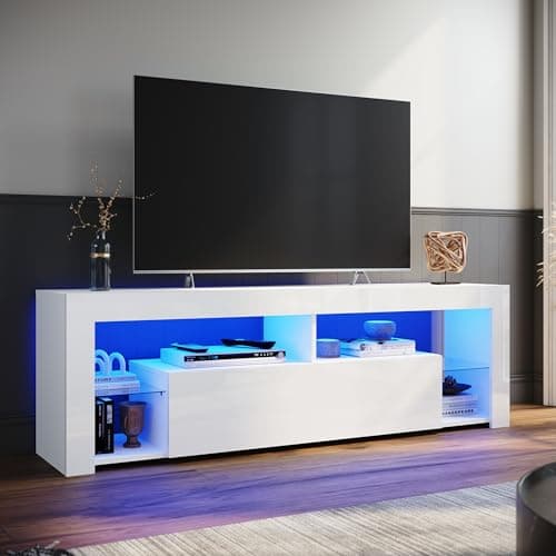 Image of ELEGANT TV Stand Cabinet Unit with 16 RGB LED Lights, High Gloss TV Stand with Large Storage and 1 Big Drawer, Modern White TV Cabinet with 2 Glass Shelf for Living Room, Bedroom 1600x350x505mm