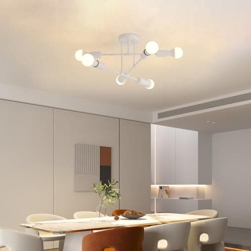 Image of JAZME 6-Light Sputnik Chandelier, Matte White Ceiling Light Fixture, Semi Flush Mount Metal Pendant Lighting, Modern Industrial E27 Lamps for Living Room Kitchen Bedroom Hallway (No Bulbs)