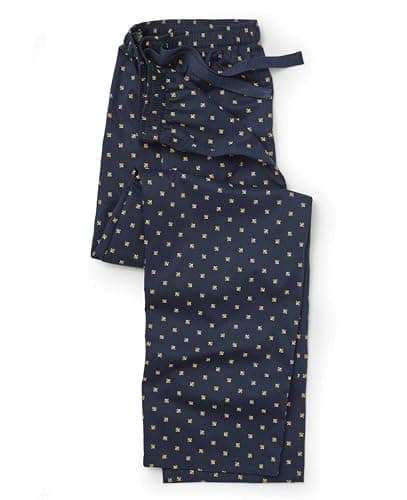 Image of THE SAVILE ROW COMPANY LONDON Men's 100% Cotton Soft Pyjama Bottom Lounge Pants - Navy/Yellow Fleur De Lys - Extra Large